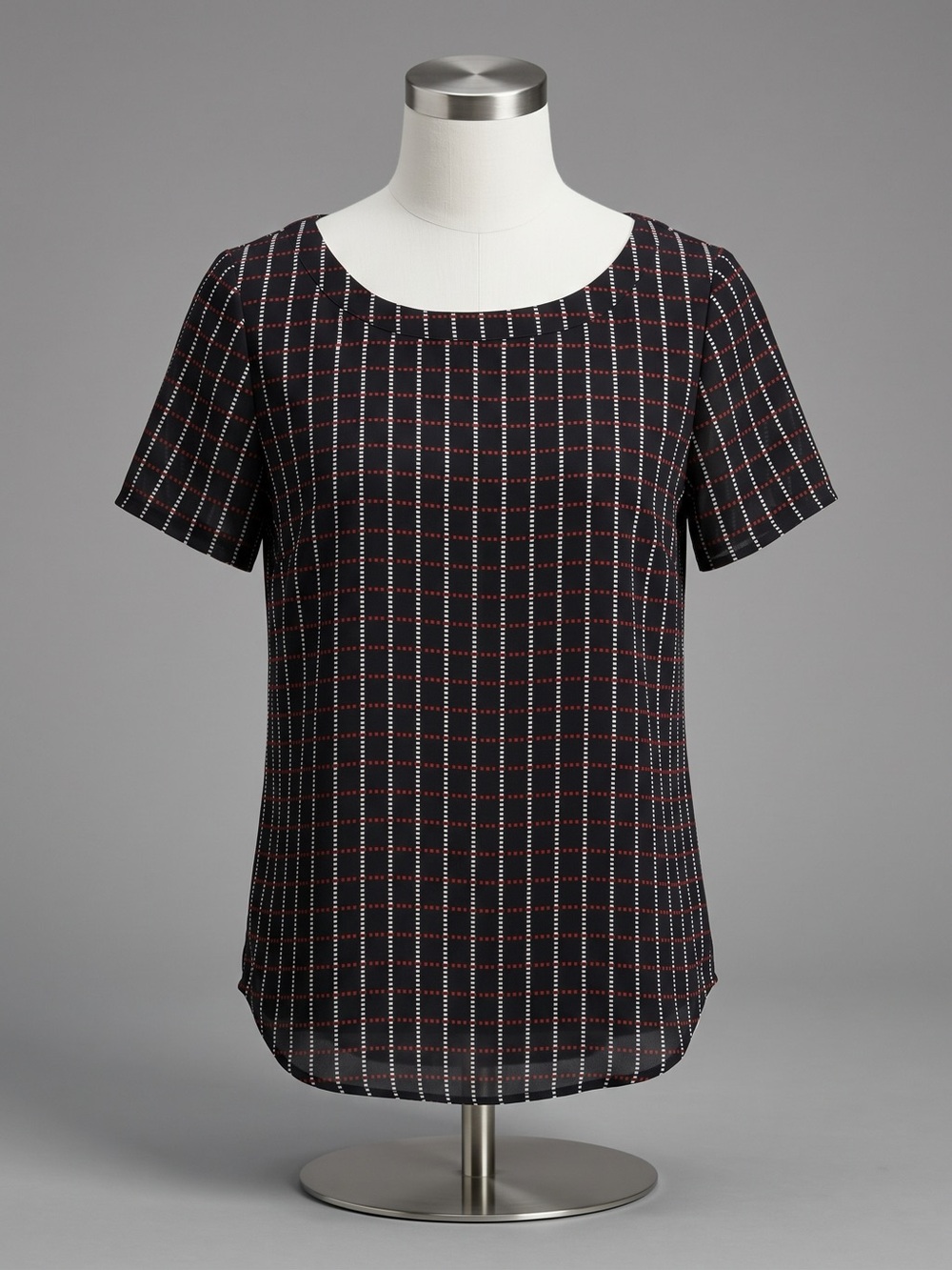 Banana Republic Black Grid-Print Scoop Neck Short Sleeve Top